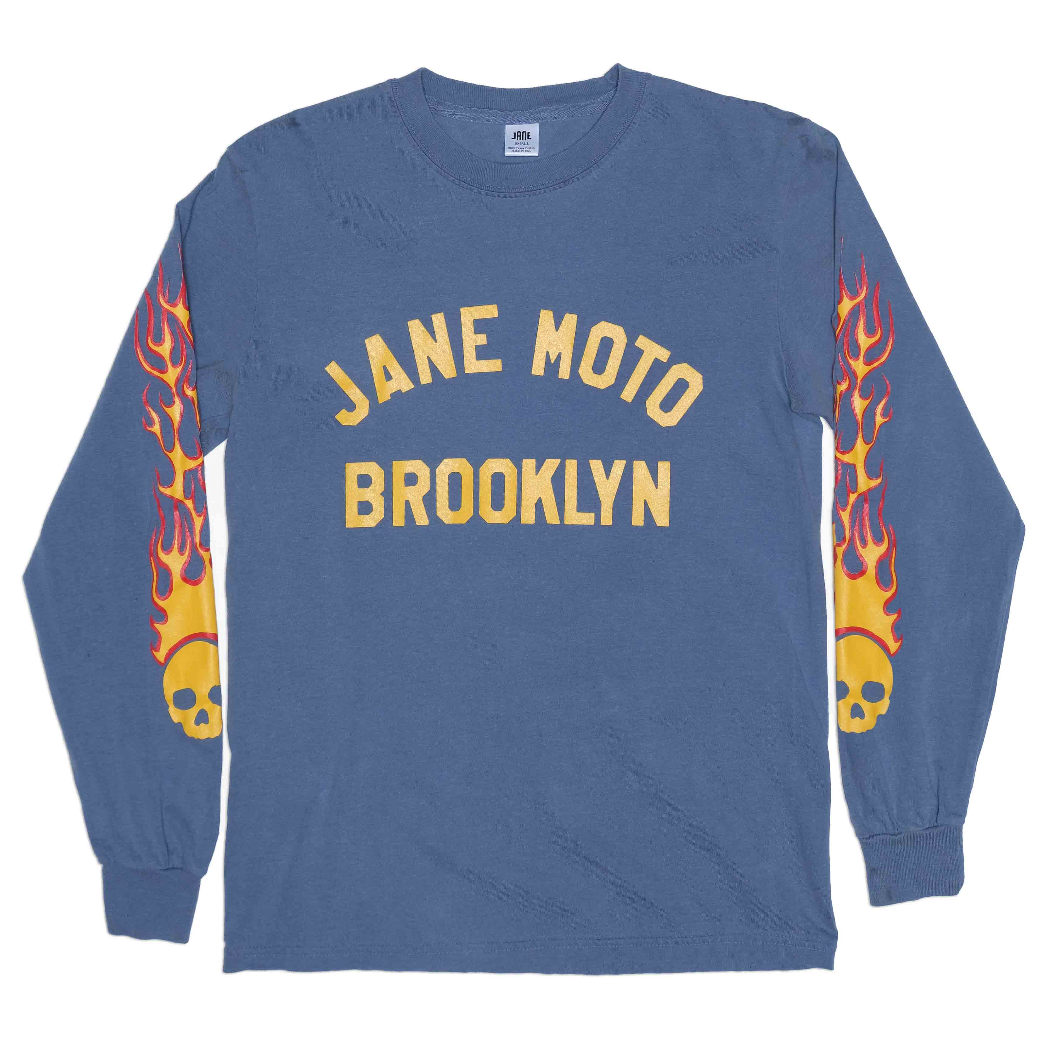 FLAMING SKULL LONG SLEEVED T-SHIRT - Garment Dyed Dusty Blue