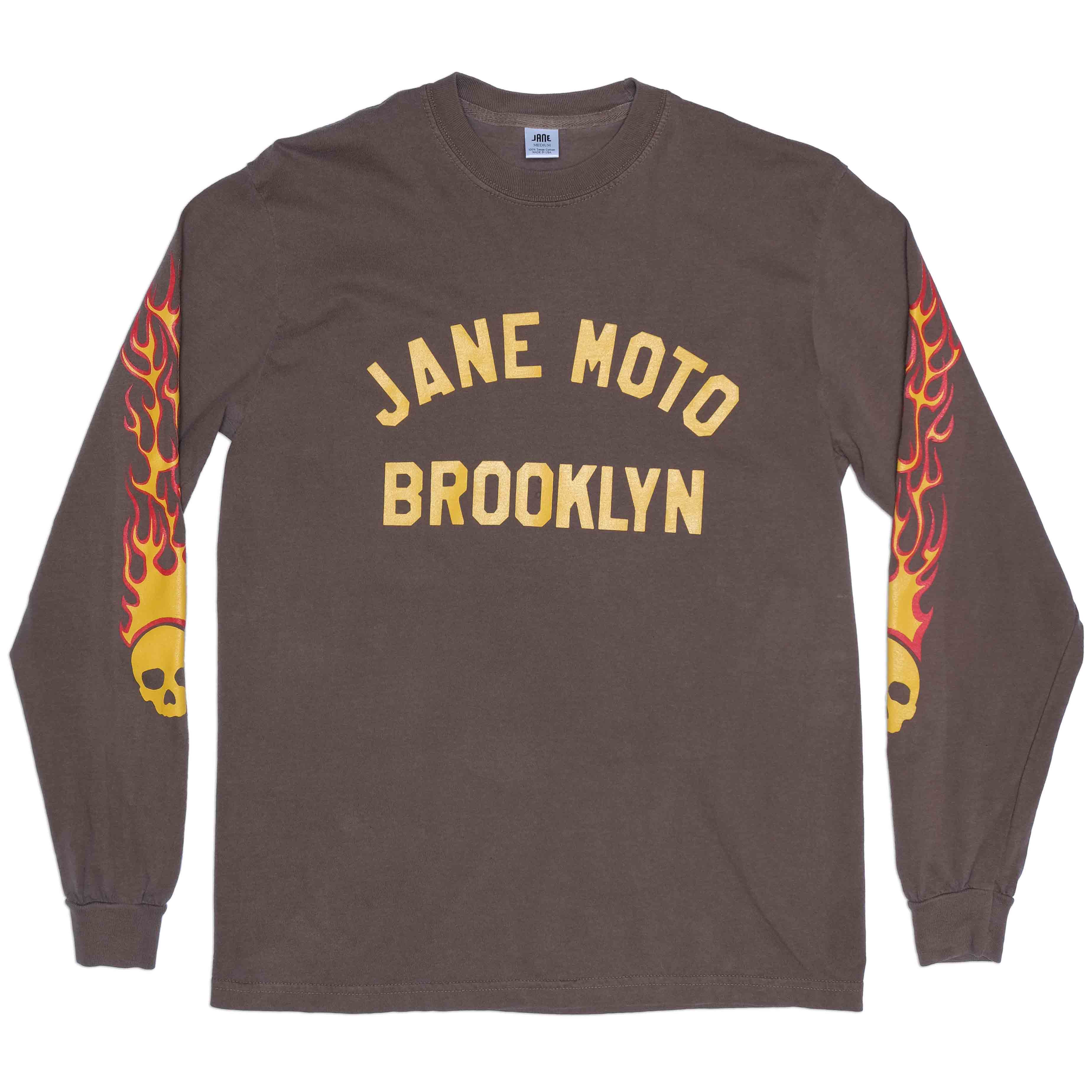 FLAMING SKULL LONG SLEEVED T-SHIRT - Garment Dyed Brown