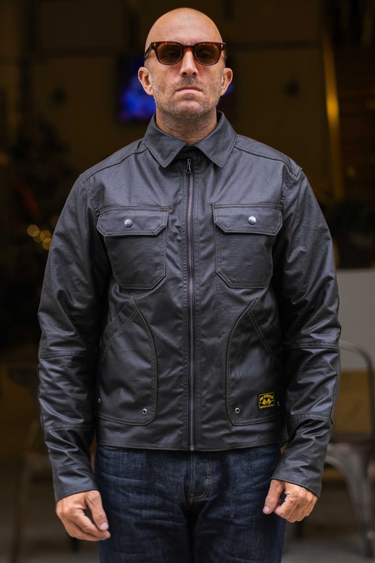 The Driggs Riding Jacket in green British Millerain Bonneville 8 waxed cotton
